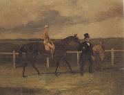 Harry Hall Mr J B Morris Leading his Racehorse 'Hungerford' with Jockey up and a Groom On a Racetrack oil painting artist